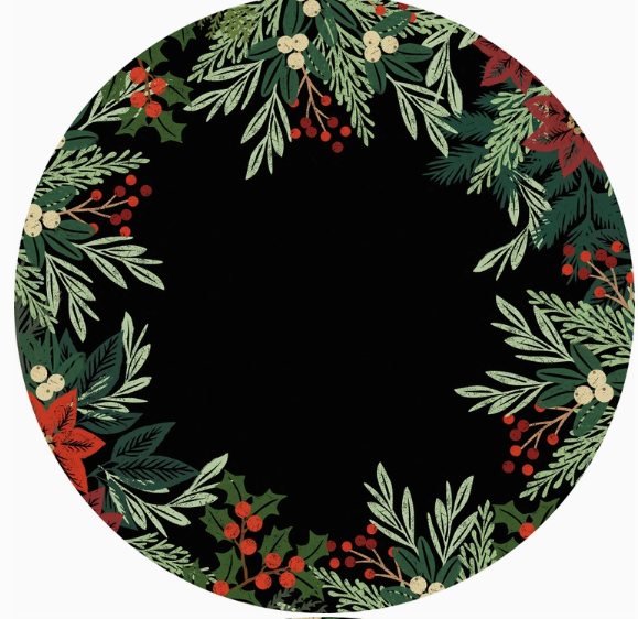 16" Round Paper Placemats (Set of 24) - Black with Poinsettia & Holly