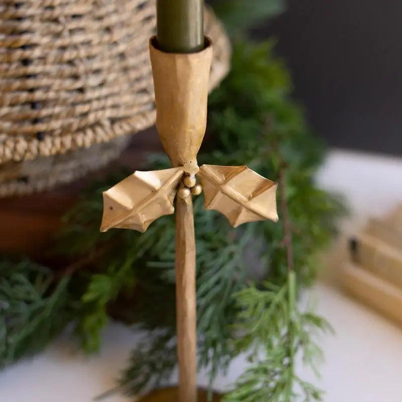 Forged Iron Antique Gold Holly Taper Candleholder