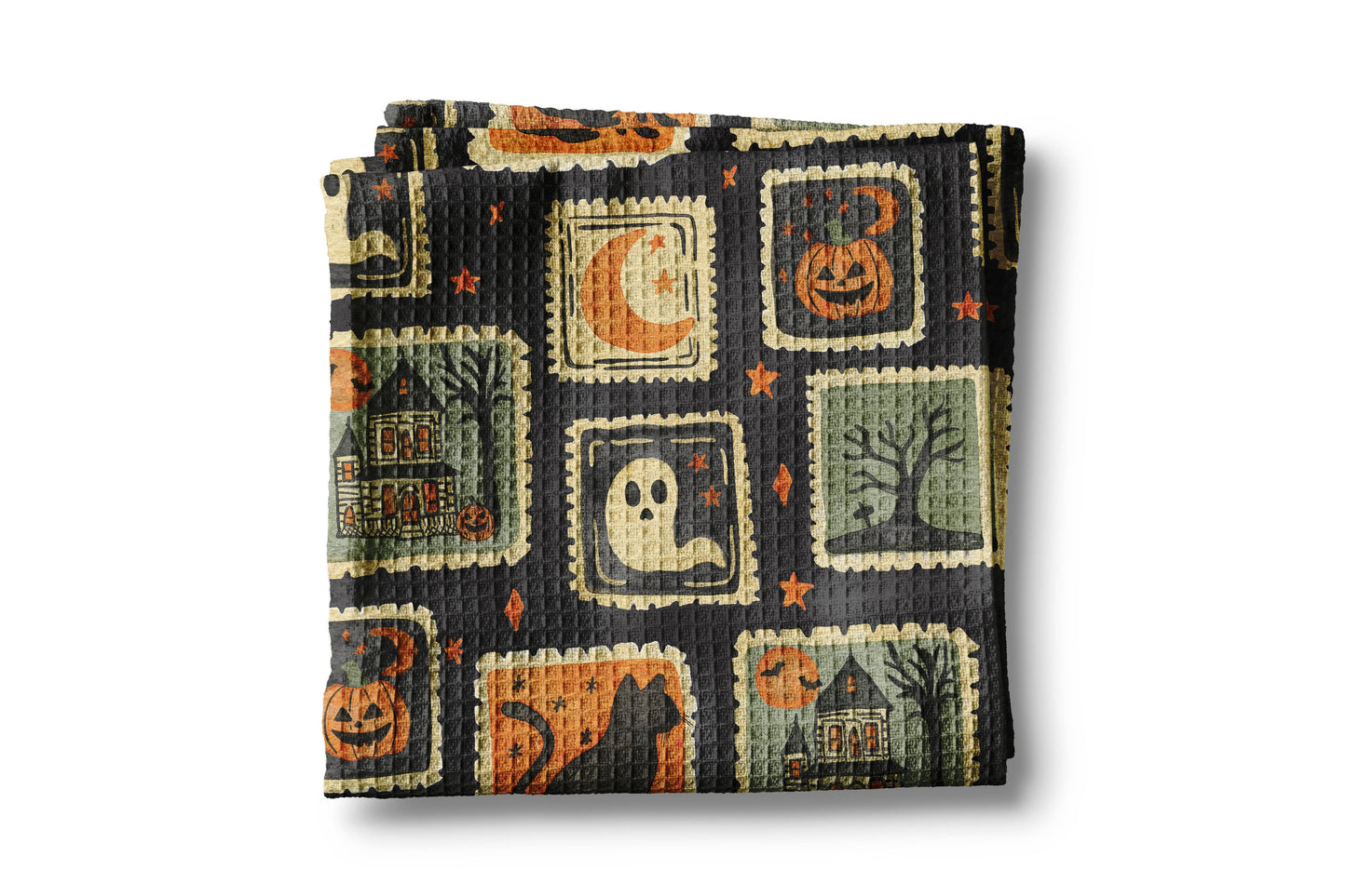 Halloween Fall Ghost Stamp Collage Kitchen Towel Waffle