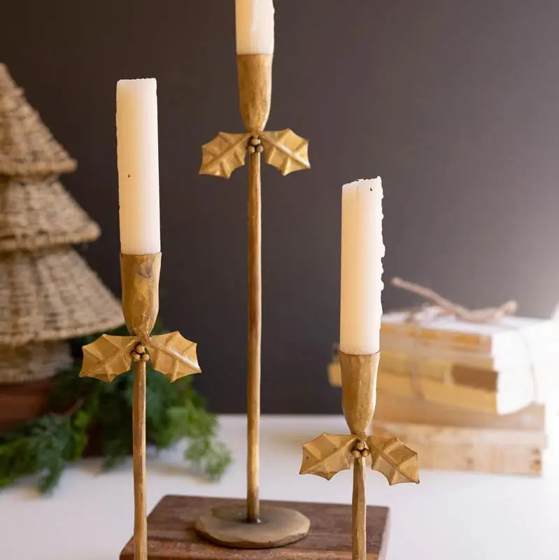 Forged Iron Antique Gold Holly Taper Candleholder