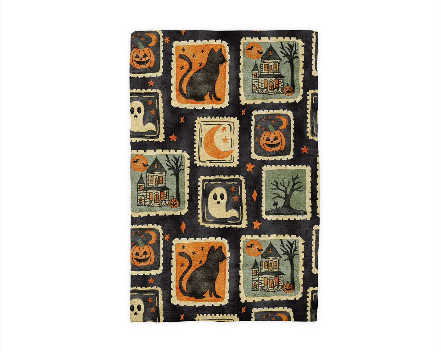 Halloween Fall Ghost Stamp Collage Kitchen Towel Waffle
