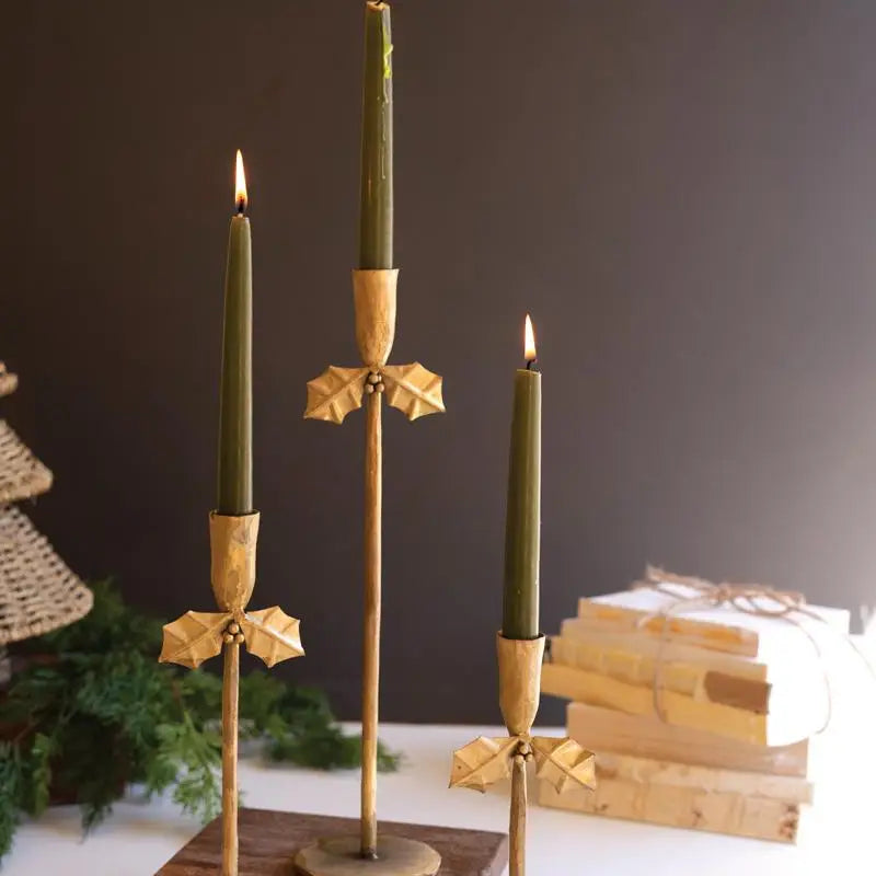 Forged Iron Antique Gold Holly Taper Candleholder