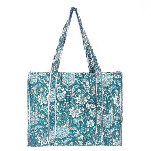 Quilted Tote Bag - Teal Florals