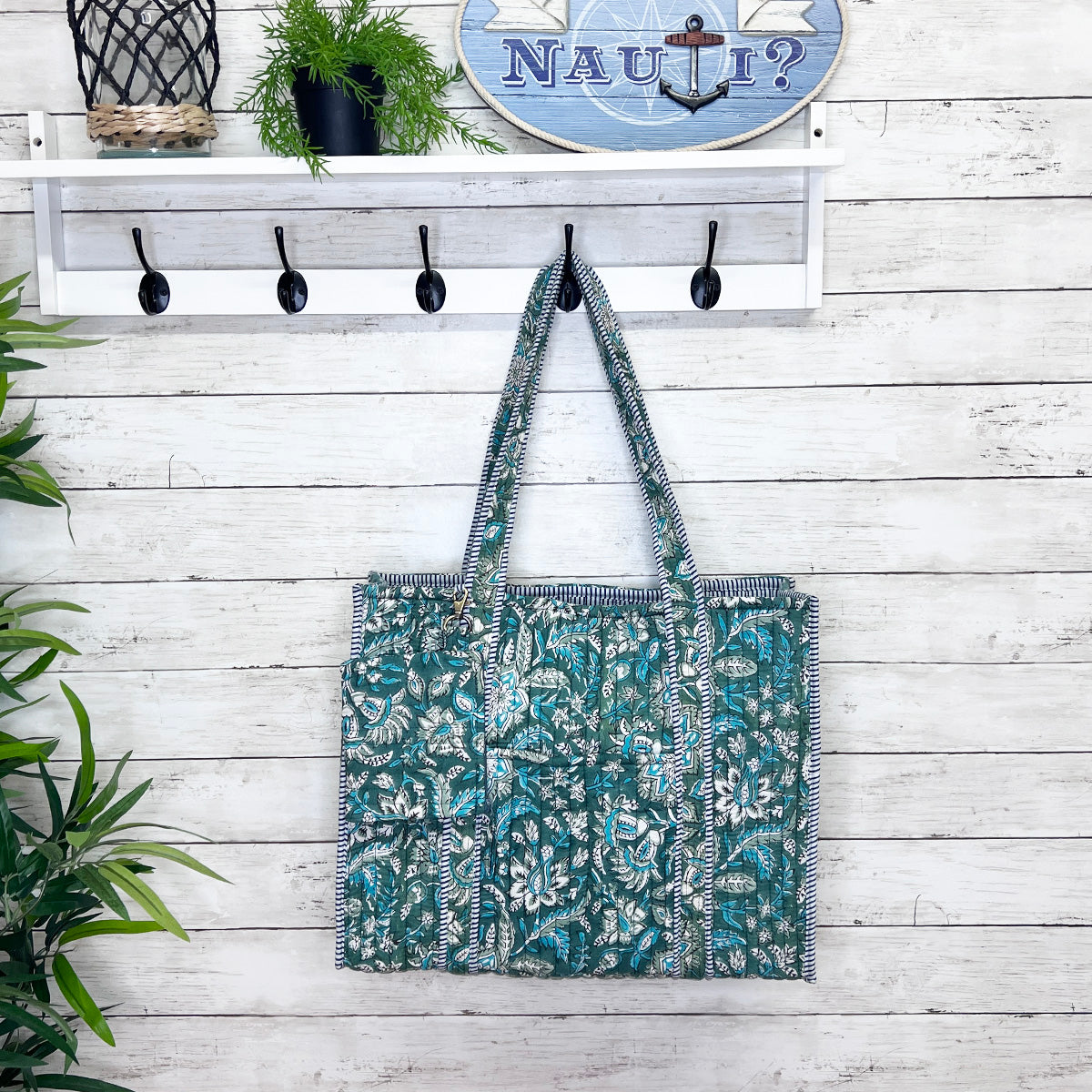 Quilted Tote Bag - Teal Florals