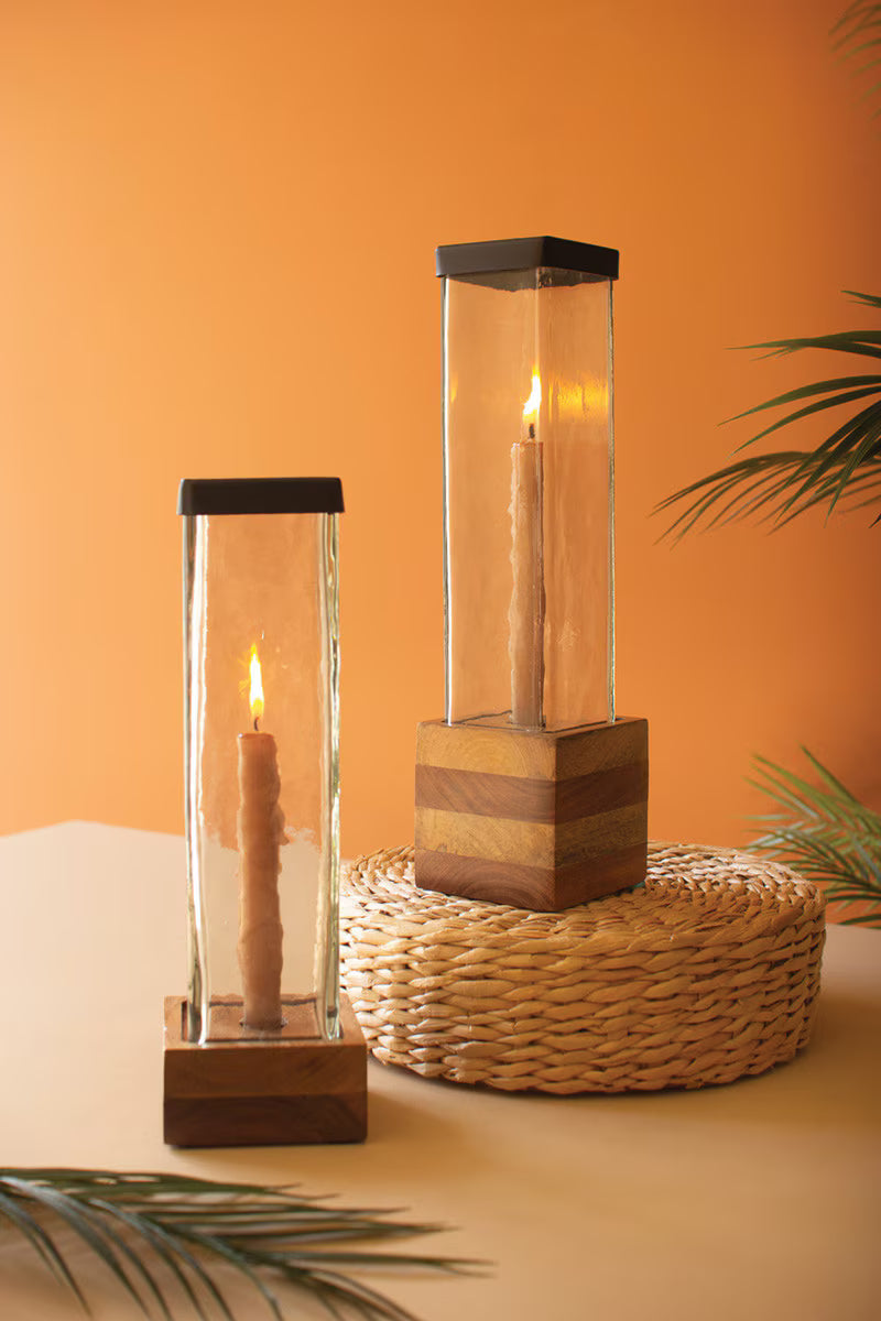 Square Glass and Wood Taper Candle Holder