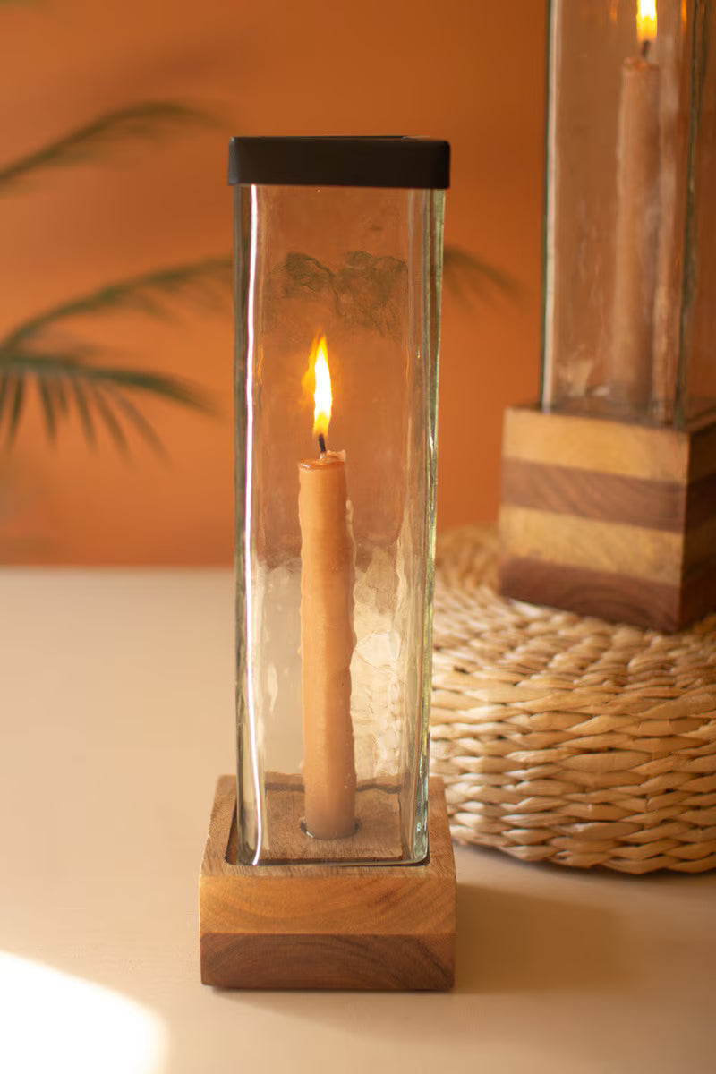 Square Glass and Wood Taper Candle Holder