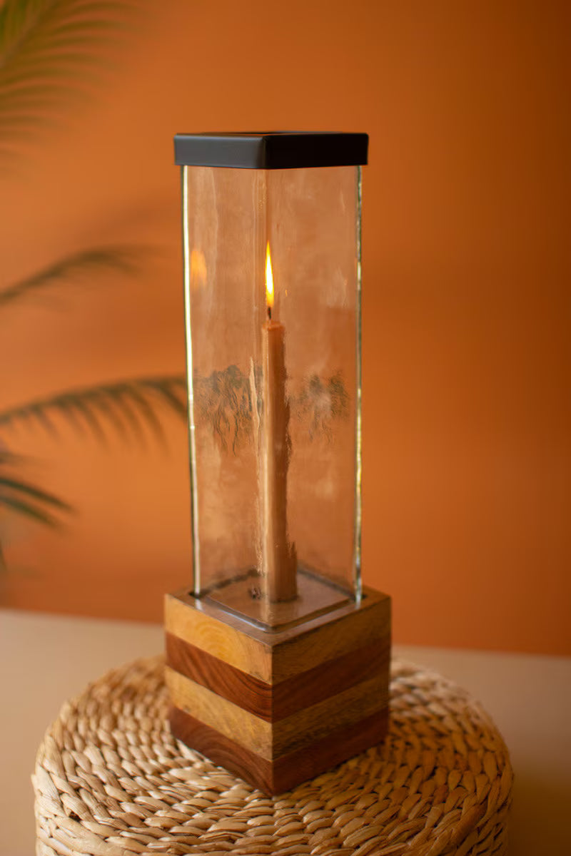 Square Glass and Wood Taper Candle Holder