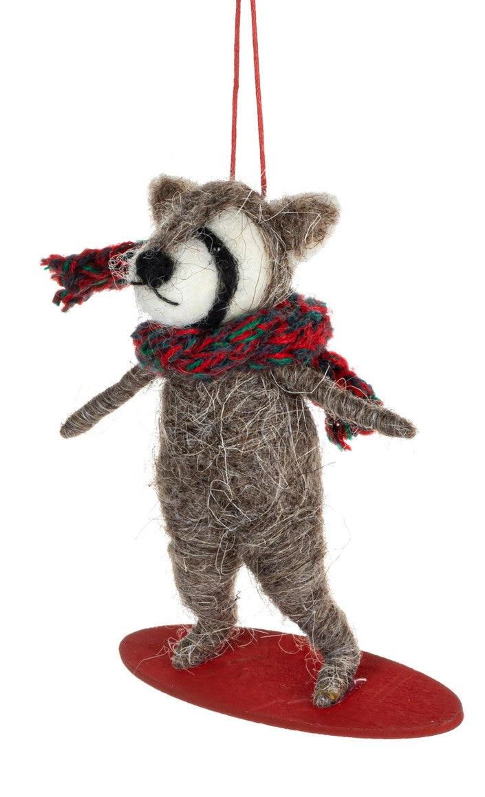 Felt Racoon or Fox Snowboard and Ski Ornaments