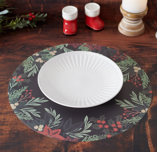 16" Round Paper Placemats (Set of 24) - Black with Poinsettia & Holly