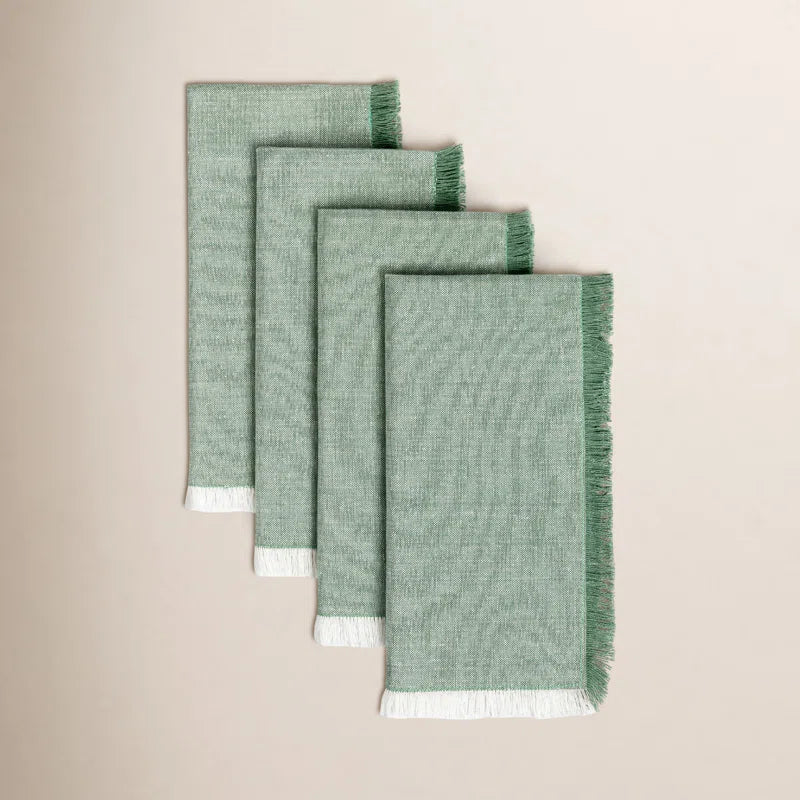 Set of 4 Woven Frayed Chambray Cotton Cloth Napkins
 - Green