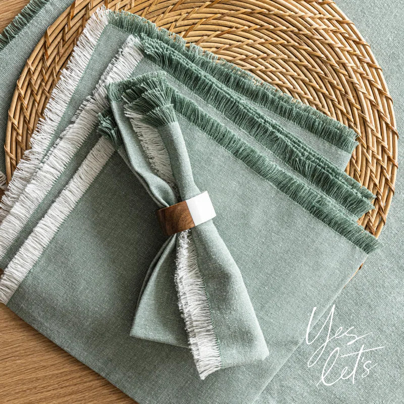 Set of 4 Woven Frayed Chambray Cotton Cloth Napkins
 - Green