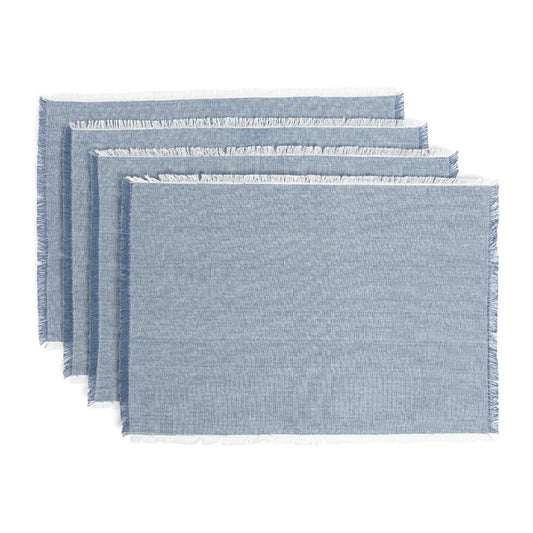 Set of 4 Woven Frayed Chambray Cotton Cloth Napkins - Blue