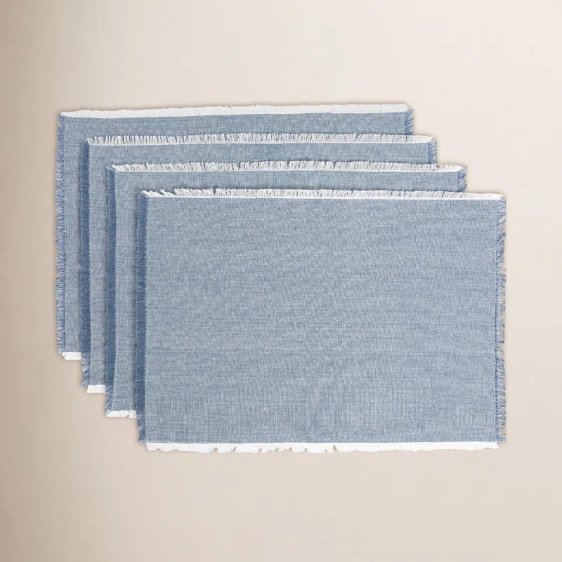 Set of 4 Woven Frayed Chambray Cotton Cloth Napkins - Blue