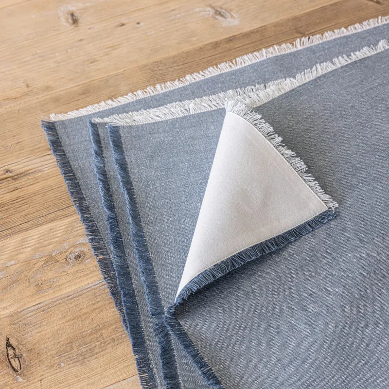 Set of 4 Woven Frayed Chambray Cotton Cloth Napkins - Blue