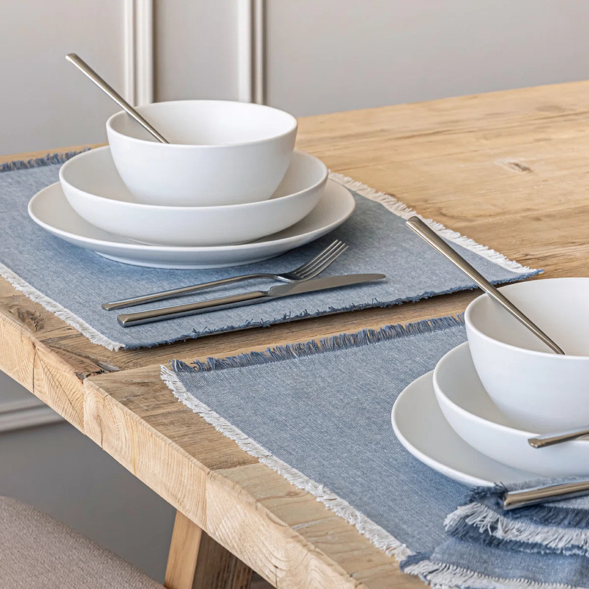 Set of 4 Woven Frayed Chambray Cotton Cloth Napkins - Blue