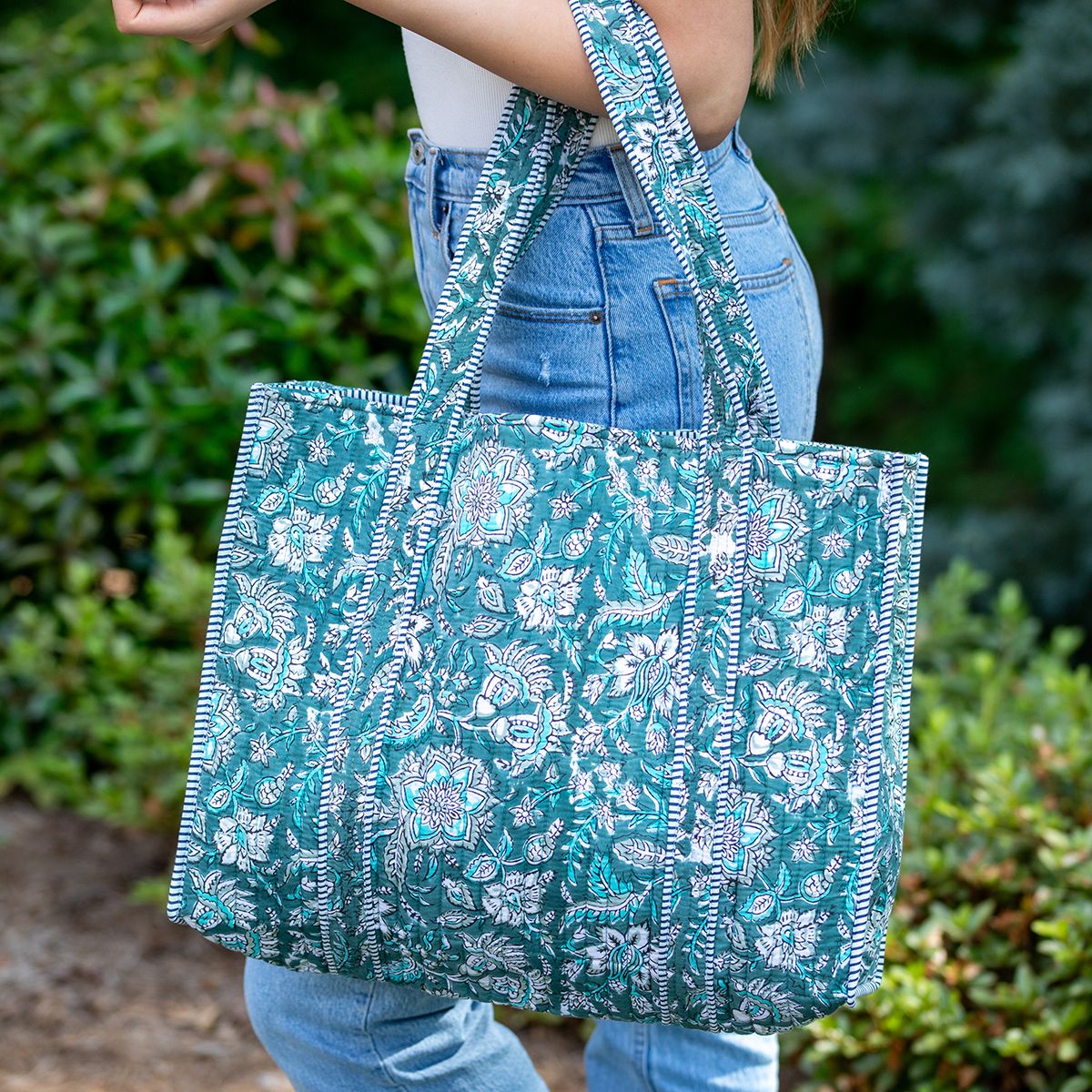 Quilted Tote Bag - Teal Florals